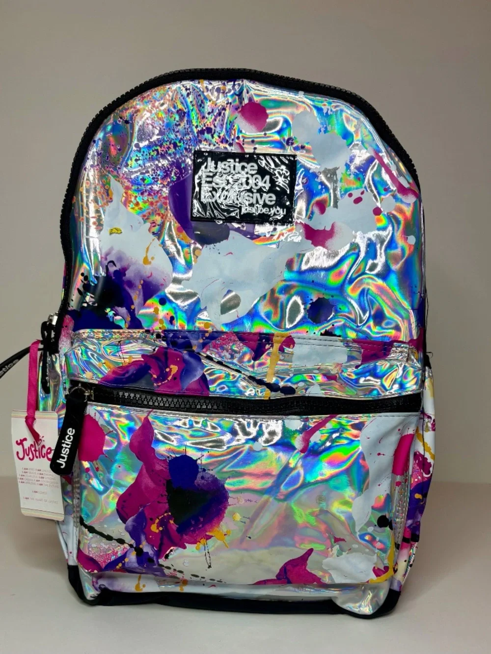 Justice Girls Holographic Paint Splatter Backpack NWT